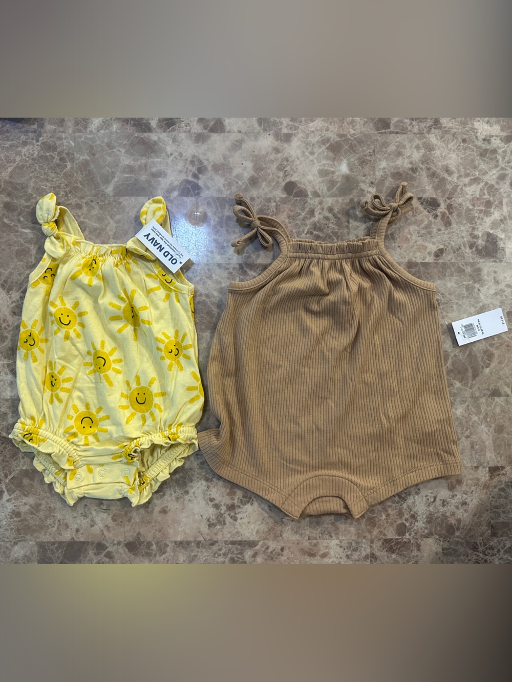 Old Navy Yellow Sun Print Romper & Tan Ribbed Tank Top Set